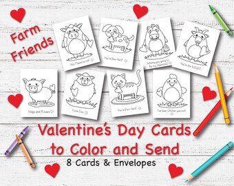 Valentine's Day Cards to Color and Send; 8 Cards and Envelopes/Kids Activity Kit/DIY /Craft/Art Project/color; Home School; Farm Theme