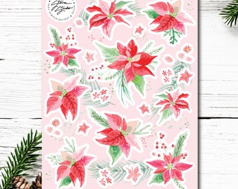 Poinsettia Vinyl Sticker Sheet; Great for Planners, Journaling, Water Bottles, Scrapbooking, & Holiday Decorating