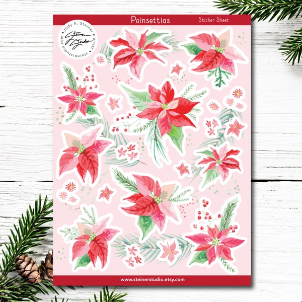 Poinsettia Vinyl Sticker Sheet; Great for Planners, Journaling, Water Bottles, Scrapbooking, & Holiday Decorating