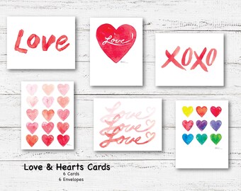 Love & Hearts Watercolor Blank Note Card  Pack; 6 Cards, 6 Envelopes; Frameable; High Quality Print; Valentine's Day; Gift Box; Appreciation