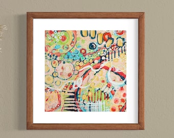 Framed Original Mixed Media/Acrylic Painting on Paper; MCM Abstract; Orange, Gold, & Blue; Wood Frame,