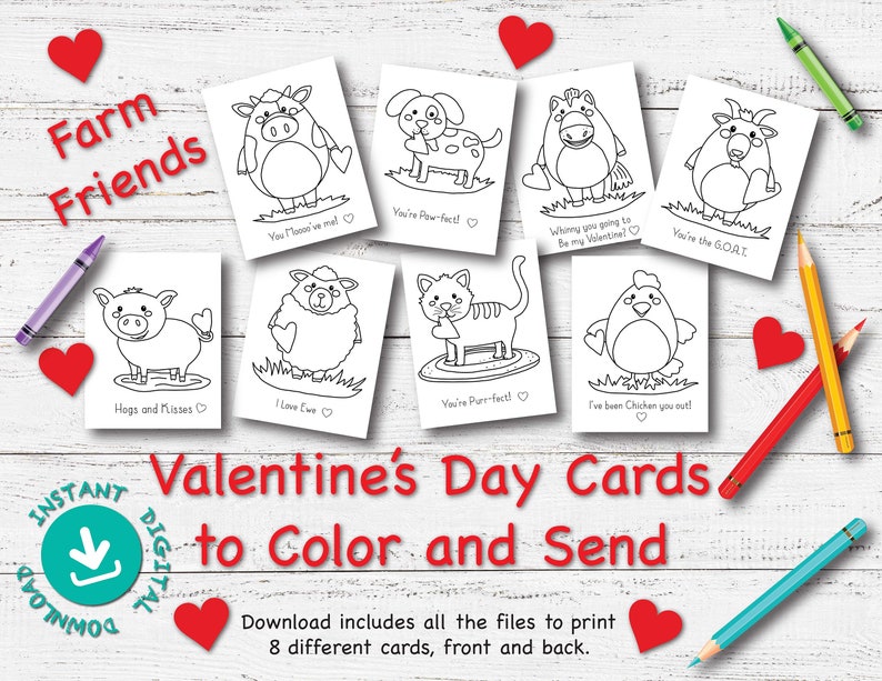 Instant Digital Download / Printable Card / DIY Card / PDF File /Valentine's Day / School Art Project / Coloring /Craft /Kids Activity/farm image 1