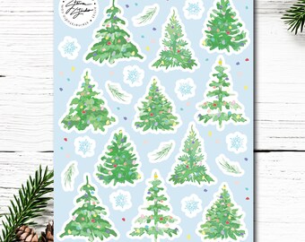 Watercolor Christmas Tree Vinyl Sticker Sheet; Great for Planners, Journaling, Water Bottles, Scrapbooking, & Holiday Decorating
