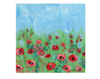 Poppies; Original Mixed Media Painting on Paper; Reds, Pinks, Greens, & Blues, Ready to Frame; 12x12"