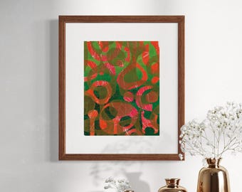 Original Mono Print, Acrylic on Paper; MCM Abstract Design; Bright and Cheery; Mid Century Modern; Matted, Ready to Frame.