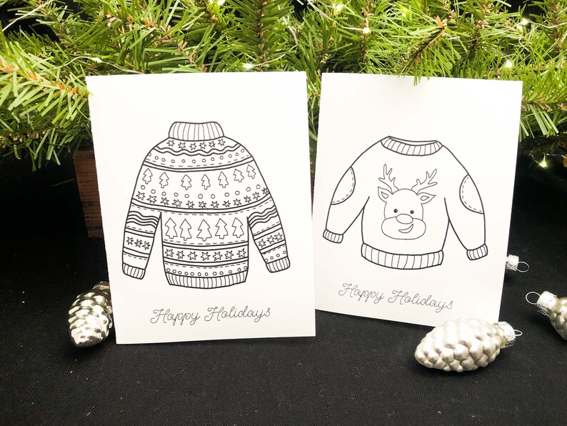 Christmas Sweater Cards to Color and Send,Holidays 8 Blank Cards and EnvelopesKids Art Activity KitDIYCraftAdult ColoringSeries I image 4