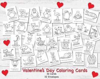 Valentine's Day Cards to Color and Send; 32 Different Cards and Envelopes/Kids Activity Kit/DIY /Craft/Art Project/coloring; Home School