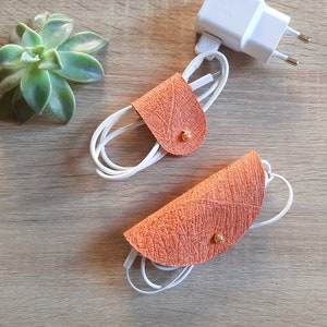 Copper-Orange Leather Cord Wrap: Handmade Cable Organizer
