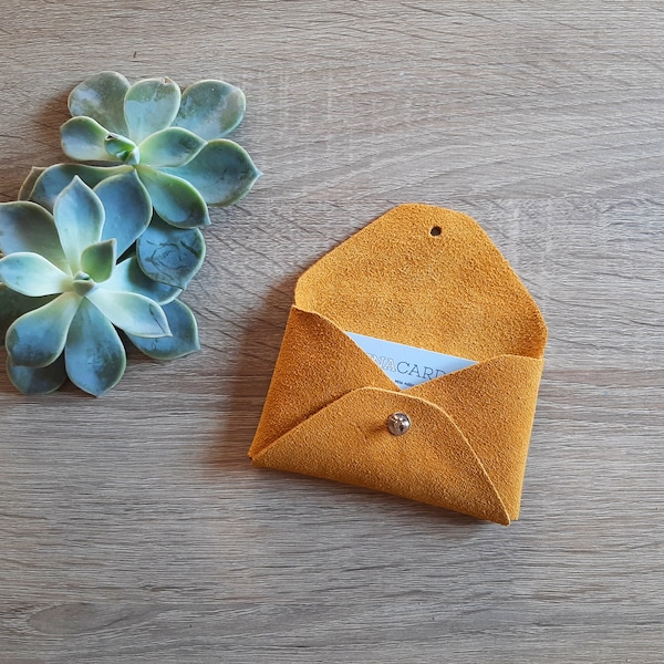 Mustard suede leather card case / Personalised yellow envelope card holder / Mustard leather business card case / Genuine leather