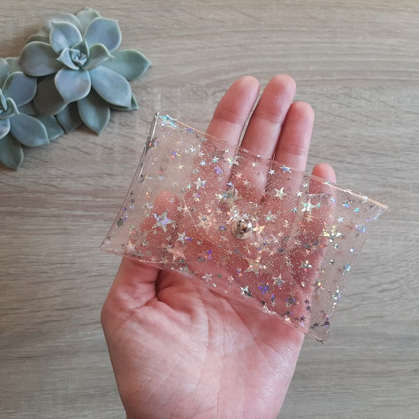 Clear PVC card case with iridescent stars / Personalized card holder / Business card case / Vegan card case / Christmas gift