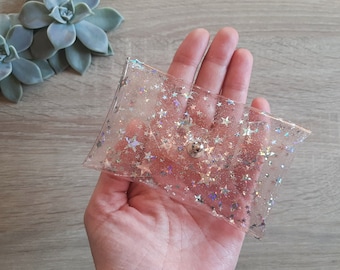 Porte-cartes en PVC transparent avec étoiles irisées / Porte-cartes personnalisé / Porte-cartes de visite / Porte-cartes végétalien / Cadeau de Noël