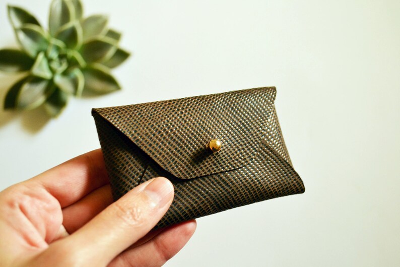 Brown leather card case with snake pattern Personalised brown envelope card holder Brown leather business card case Genuine leather
