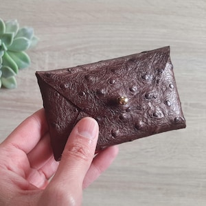 Tarjetero de piel marrón chocolate con estampado de avestruz / Tarjetero personalizado con sobre marrón / Tarjetero de visita / Piel auténtica