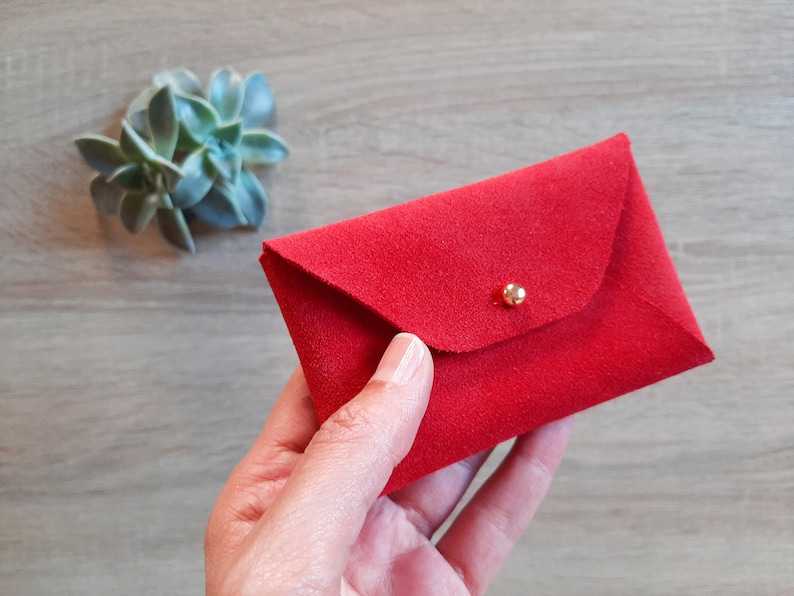 Red suede leather card case Personalised red envelope card holder Red leather business card case Genuine leather Christmas gift