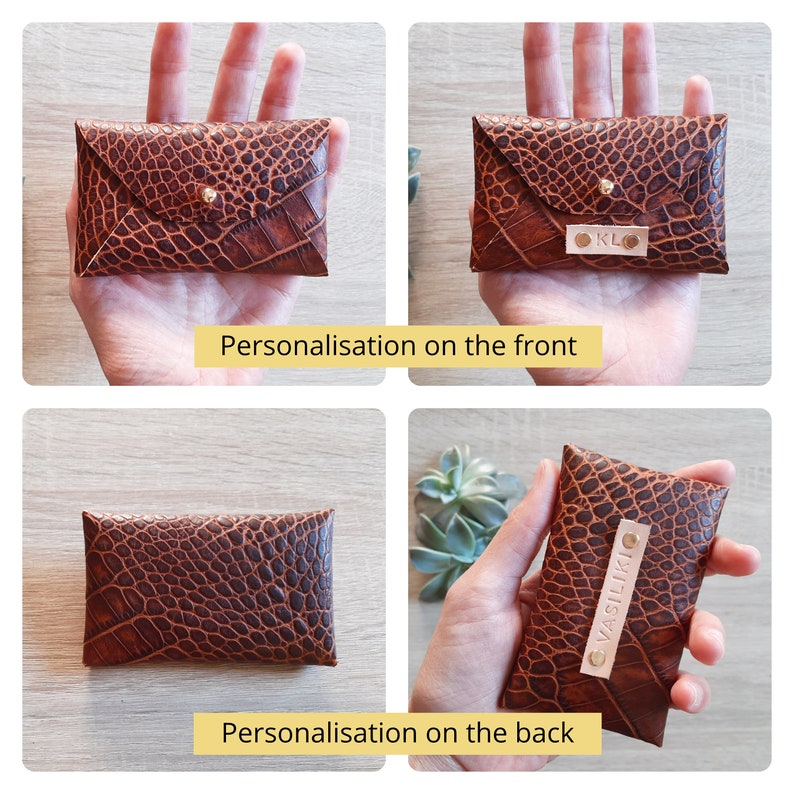 Brown leather card case with snake pattern Personalised brown envelope card holder Brown leather business card case Genuine leather