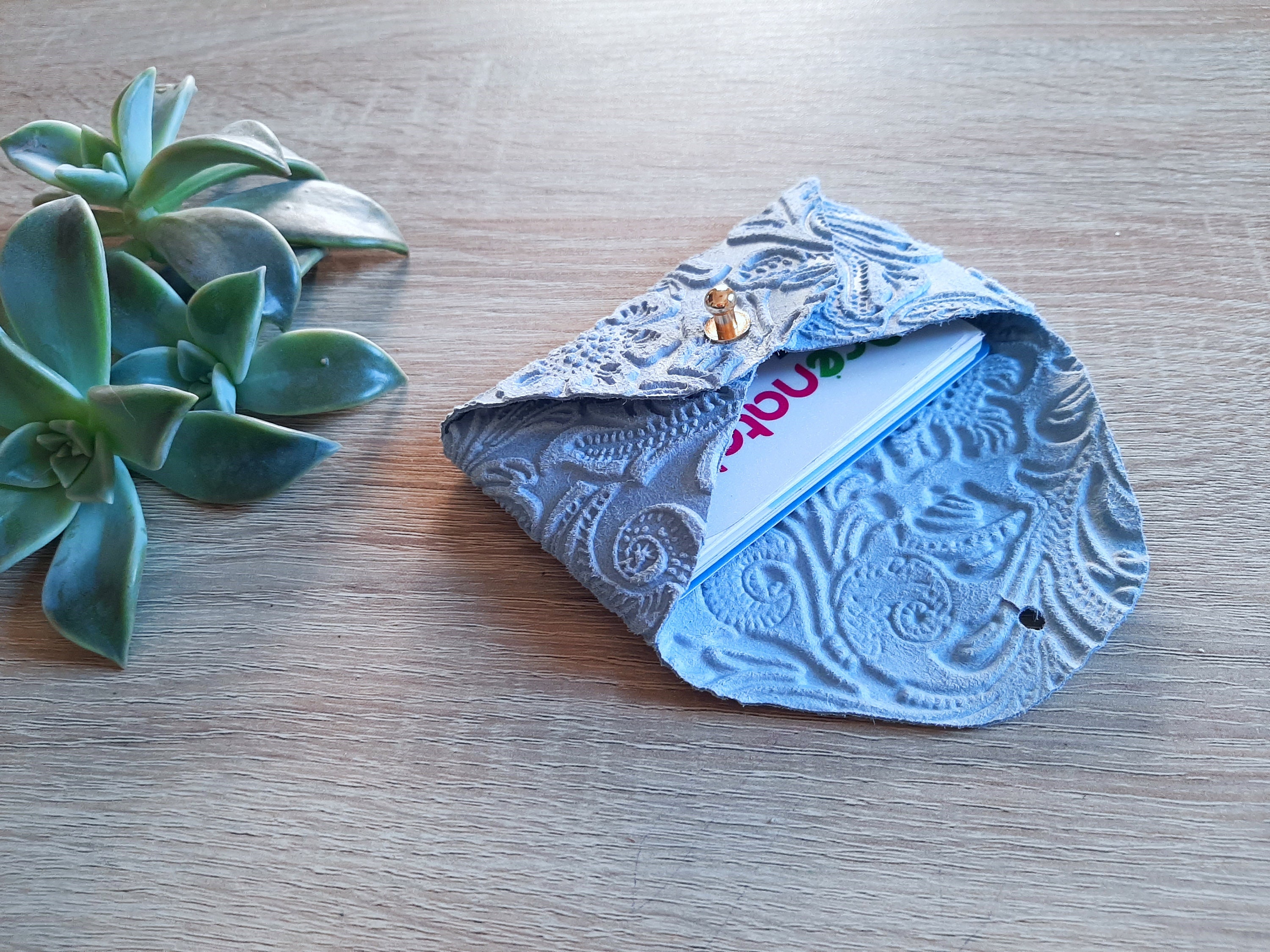 Light Blue Leather Card Case: 3D Floral Personalized Envelope Wallet - Etsy