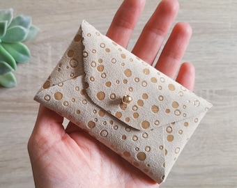Beige Leather Card Case: Polka Dot Envelope Wallet, Personalized
