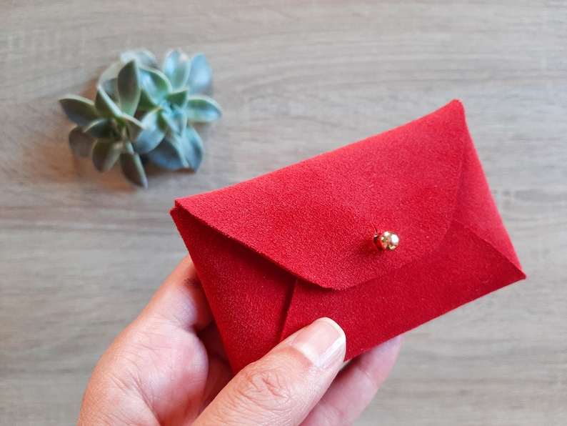 Red suede leather card case Personalised red envelope card holder Red leather business card case Genuine leather Christmas gift