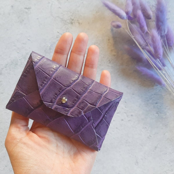 Purple leather card case with pattern / Personalized envelope card holder / Business card case / Genuine leather / Christmas gift