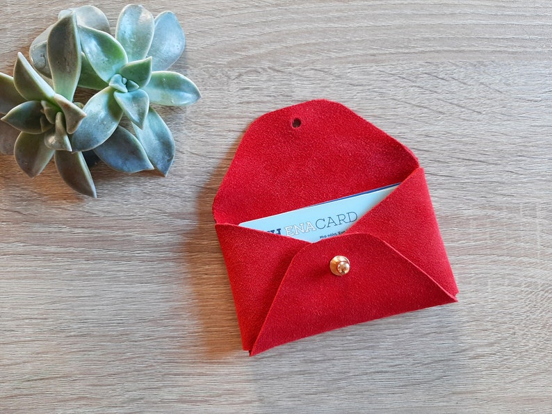Red suede leather card case Personalised red envelope card holder Red leather business card case Genuine leather Christmas gift