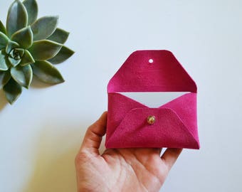 Fuchsia leather card case / Pink leather card wallet / Suede leather business card case / Genuine leather / Christmas gift