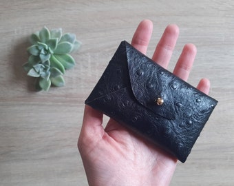 Black leather card case with ostrich pattern / Personalised black envelope card holder / Black leather business card case / Genuine leather