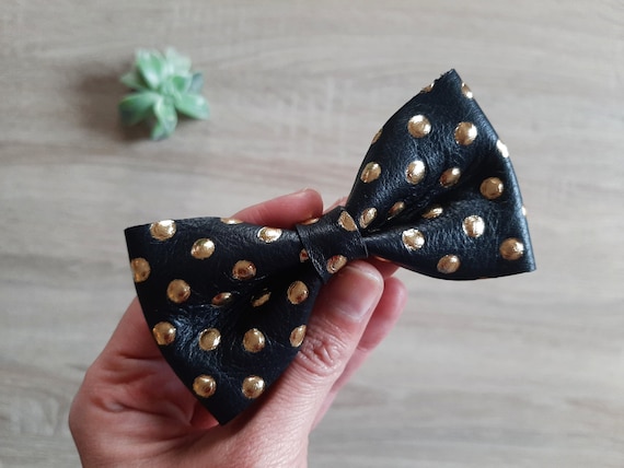 Gold Polka Dot Black Leather Hair Bow Clip - Etsy display picture 3