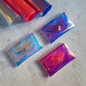 Porta-cartões holográfico em PVC / Base rosa / Porta-cartões em envelope de PVC personalizado / Porta-cartões de visita em PVC / Presente de Natal / Porta-cartões vegano
