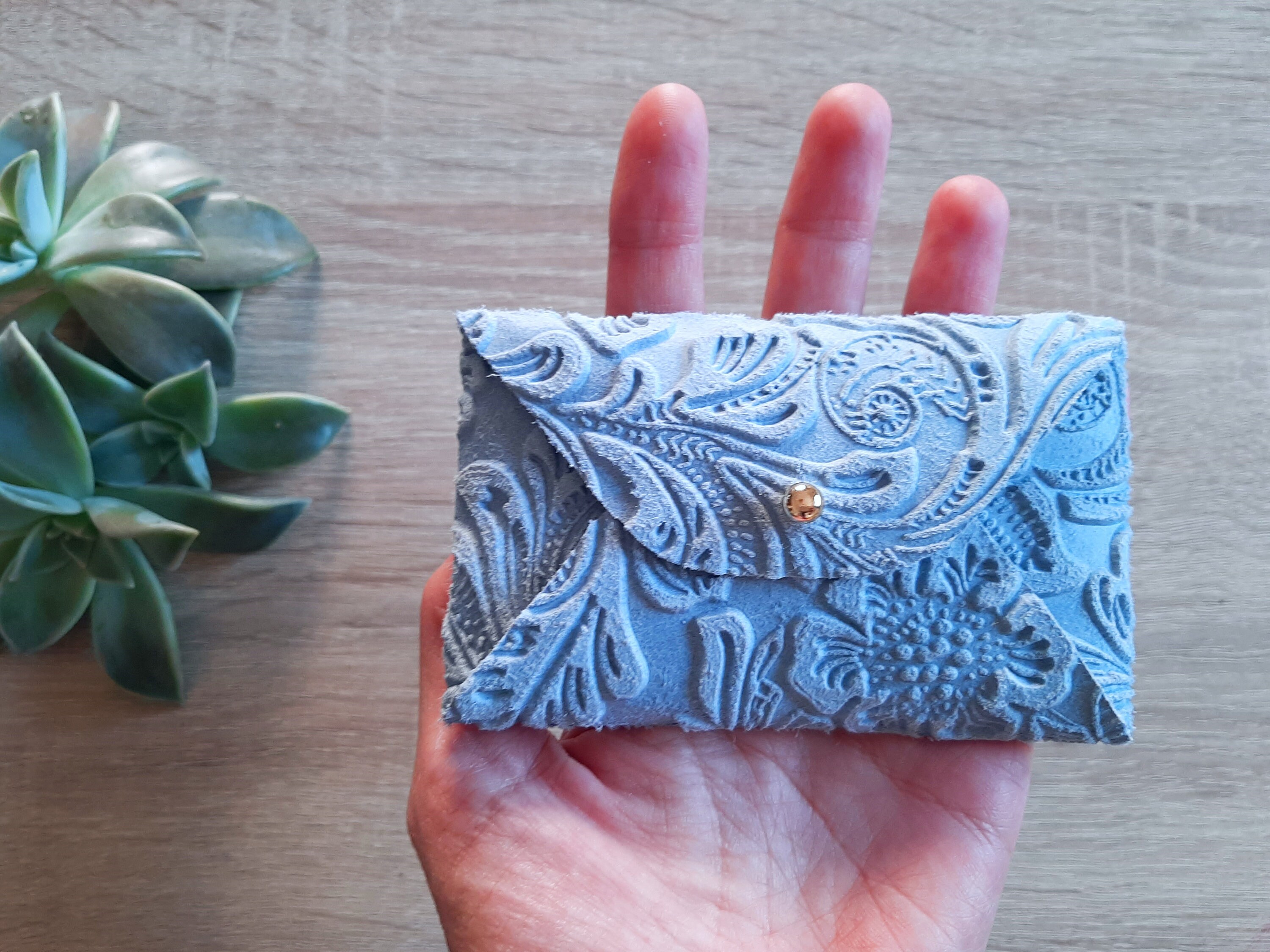 Light Blue Leather Card Case: 3D Floral Personalized Envelope Wallet - Etsy