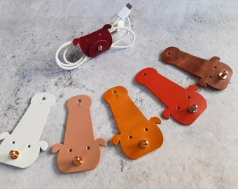 Leather Cord Organizer with dog shape: Handmade Cable Wrap