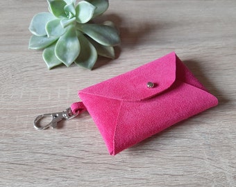 Lobster hook - Fuschia leather card case / Personalized suede card holder / Business card case / Genuine leather / Mask case / Mask pouch