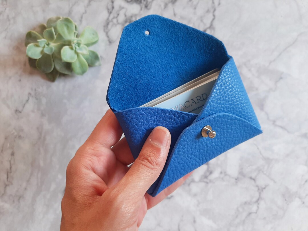 Blue Pebbled Leather Card Case / Personalised Blue Envelope Card Holder ...