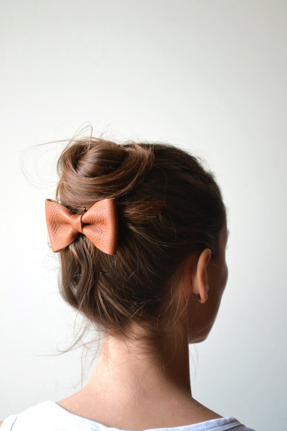 Brown Leather Hair Bow Brown Bow Clip Bowtie Hair Etsy