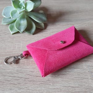 Tarjetero de piel fucsia con gancho de langosta / Tarjetero de ante personalizado / Tarjetero de visita / Piel auténtica / Estuche para mascarillas / Estuche para mascarillas