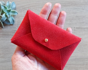 Red Suede Leather Card Case: Personalized Envelope Wallet