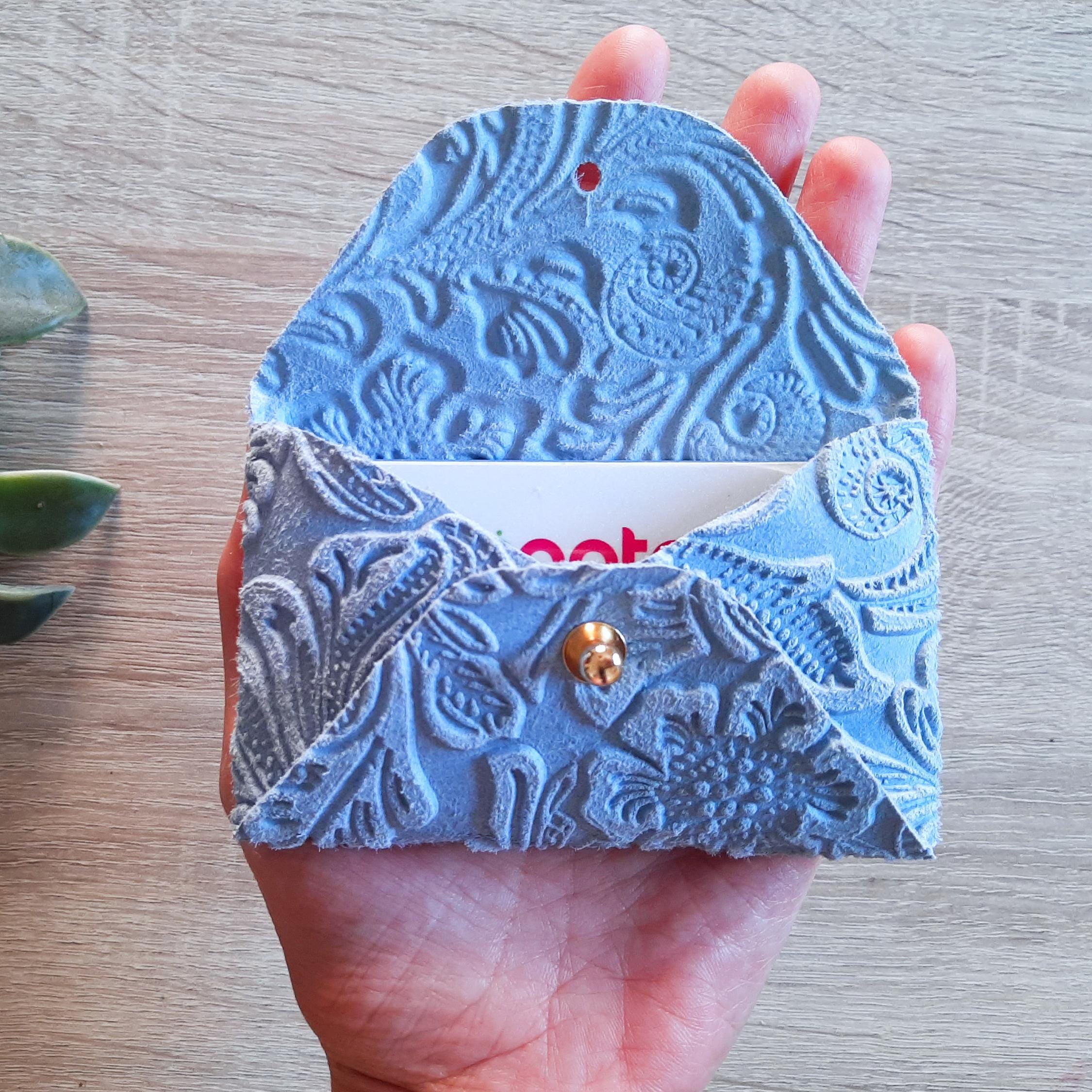 Light Blue Leather Card Case: 3D Floral Personalized Envelope Wallet - Etsy