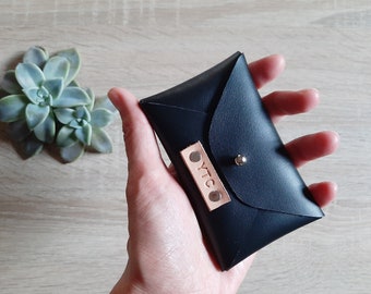 Personalized black leather card case / Personalised black envelope card holder / Black leather business card case / Genuine leather