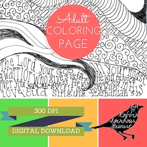 Printable Coloring Page Zephaniah 3:17 Zentangle Bible Coloring Page 300 DPI Digital Download JPEG Adult Coloring Page image 1