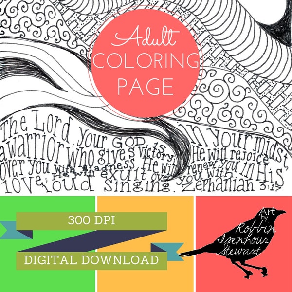 Printable Coloring Page Zephaniah 3:17 Zentangle Bible Coloring Page 300 DPI Digital Download JPEG Adult Coloring Page