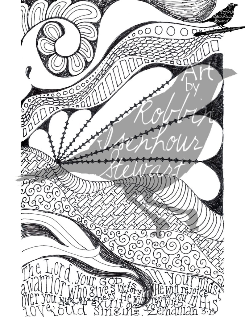 Printable Coloring Page Zephaniah 3:17 Zentangle Bible Coloring Page 300 DPI Digital Download JPEG Adult Coloring Page image 2