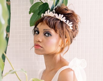 FARRAH - bohemian statement pearl bridal crown, boho glamorous flower crystal wedding tiara