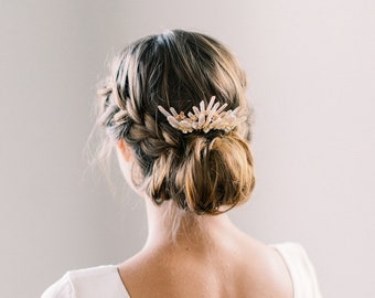 CYNTHIA - feather inspired quartz bridal comb, bohemian ethereal pearl rose wedding hairpiece