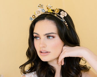 MARIE - romantic bohemian floral bridal crown, colorful or neutral flower wedding tiara