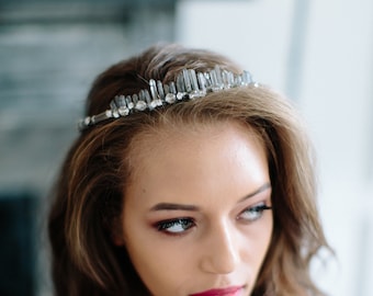 EVERGREEN quartz bohemian bridal halo tiara, smoky or rose quartz boho wedding crown headpiece