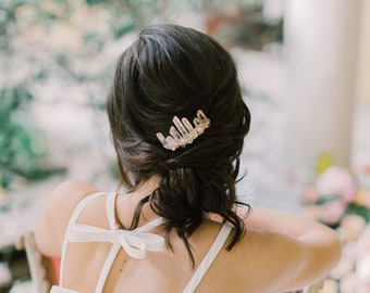 LUCILLE - bohemian raw quartz blush crystal wedding comb, moonstone agate bridal headpiece