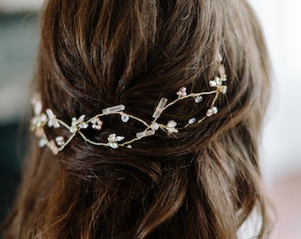 DELTA rose quartz moonstone bohemian wedding hair vine, boho bridal headpiece, blush romantic hairpiece