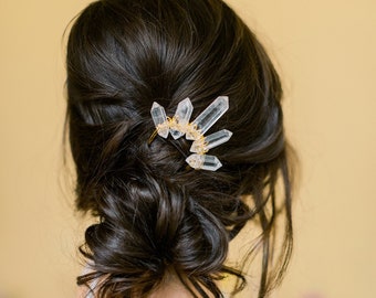 BETTE - modern minimalist bohemian wedding hair pin, raw crystal quartz wedding hair comb