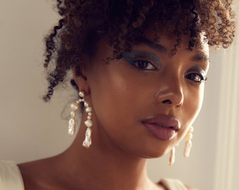 JANE - bohemian pearl statement wedding earrings, boho modern drop bridal jewelry