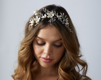 SIMONE - bohemian floral statement pearl headpiece, flower boho tiara crown wedding hairpiece comb