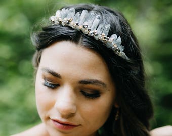 ANDES smokey quartz boho bridal tiara, bohemian raw crystal wedding crown